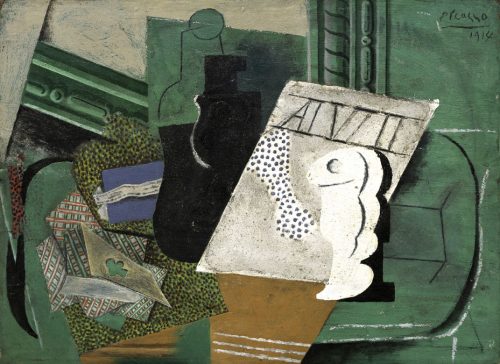 Picasso, Naipes, tabaco, botella y vaso