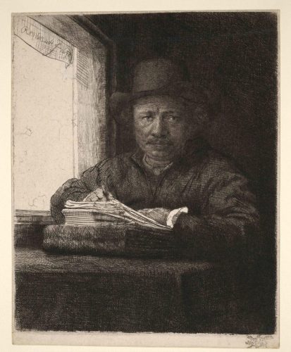 Autorretrato dibujando junto a una ventana